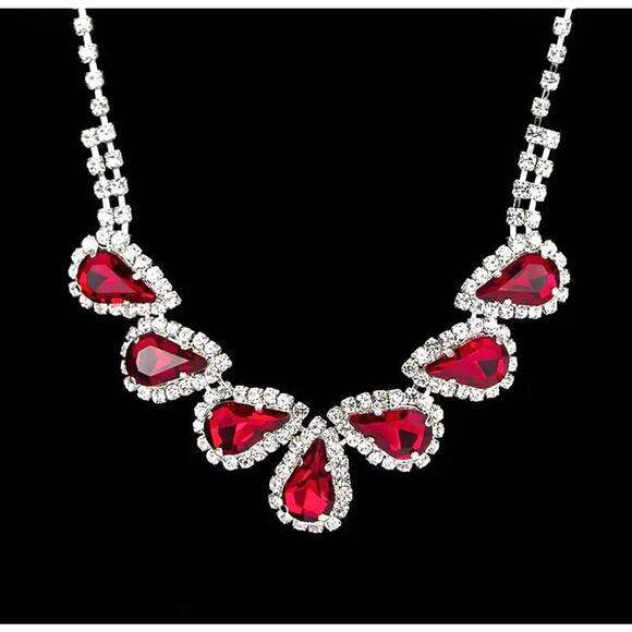 New Necklace Pierced Earrings Red Clear Rhinestone Fashion Costume Jewelry m26 - Picture 3 of 3